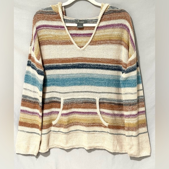 Natural Reflections Sweaters - Natural Reflections Teal, Cream, Purple Striped V-Neck Sweater Women’s Sz Med
